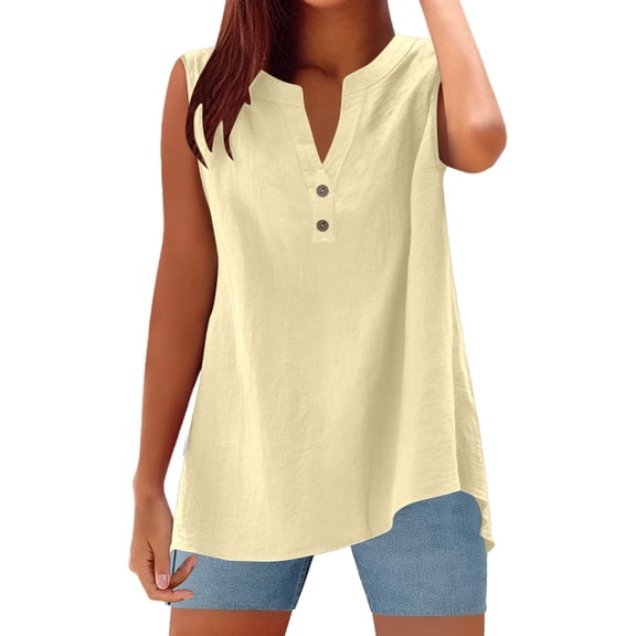 XIAONU 2025 Summer Sleeveless Linen Tank Top Casual Button V Neck Tunic Blouse Women Basic Shirt