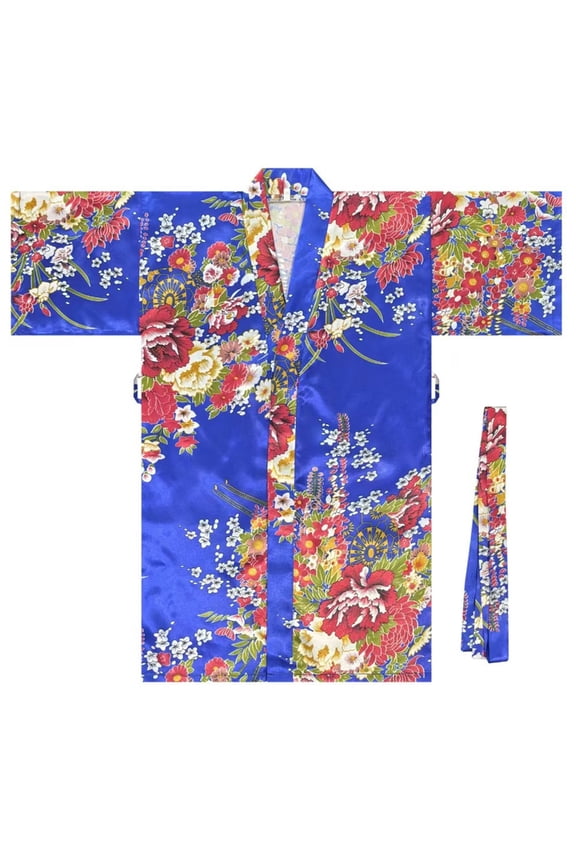 Adults Floral Print Kimono Robe Short Sleeve Satin Belted Loungewear Vibrant Cultural Style Robes