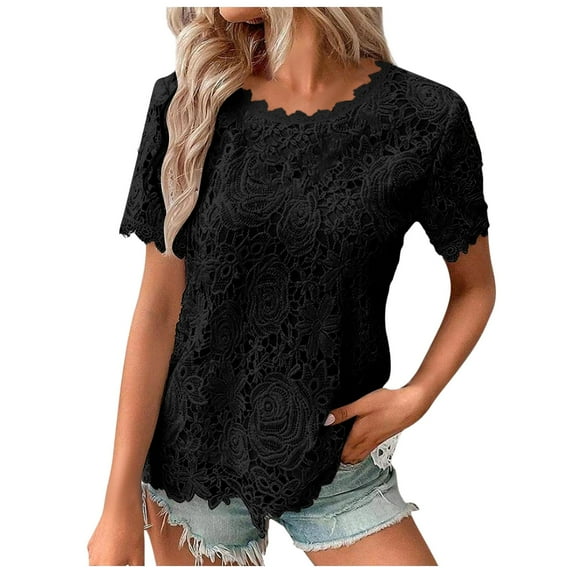 XIAONU Blouses For Women Lace Embroidered Crew Neck Short Sleeve Shirts Pure Color Trendy Summer Slim Fit Casual Shirts