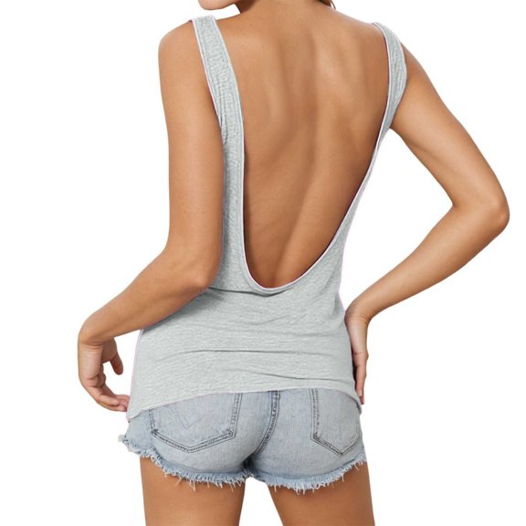 XIAONU Blouses For Womens Deep V Back Slim Fit Elastic Vest Trendy Ladies Solid Color Backless Beach Vacation Top