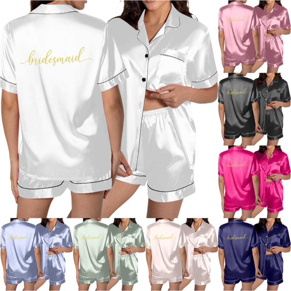 XIAONU Bridesmaid Print Satin Pajama Sets for Women Short Sleeve Notch Collar Shorts Loungewear Pajamas