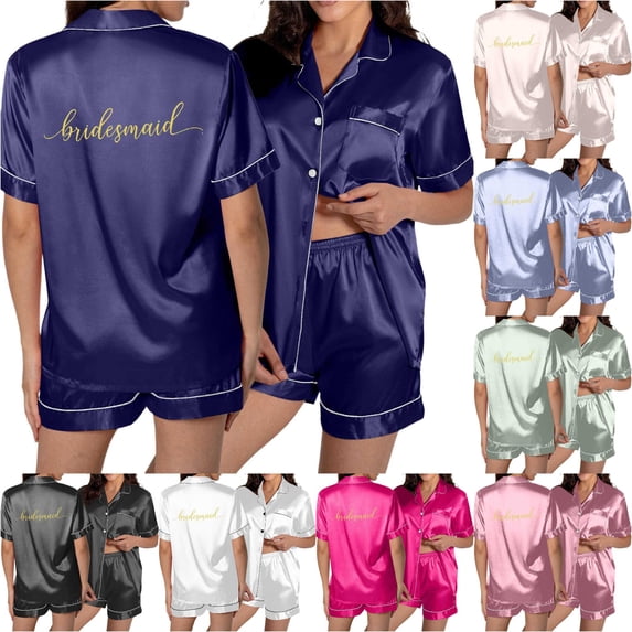 XIAONU Bridesmaid Print Satin Pajama Sets for Women Short Sleeve Notch Collar Shorts Loungewear Pajamas