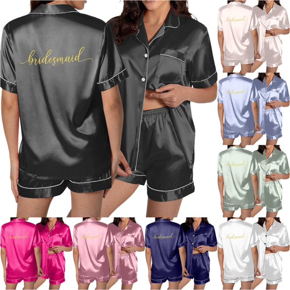 XIAONU Bridesmaid Print Satin Pajama Sets for Women Short Sleeve Notch Collar Shorts Loungewear Pajamas