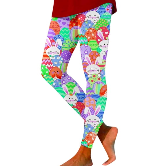 XIAONU Bunny Print Leggings For Women Slim Stretchy High Waisted Full Length Soft Legging Stretchy Festive Holiday Leggings