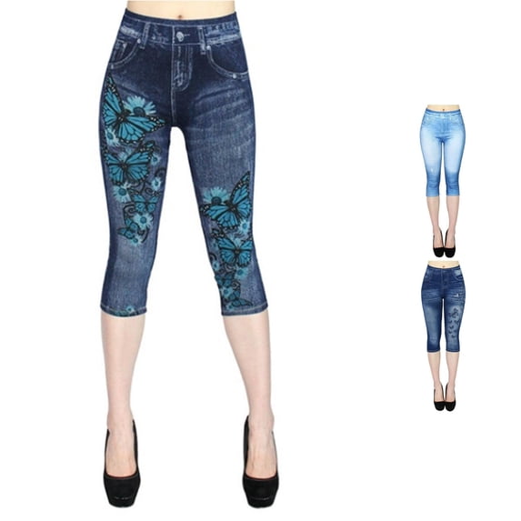 XIAONU Butterfly Print Capri Pants for Women High Waist Denim Capris