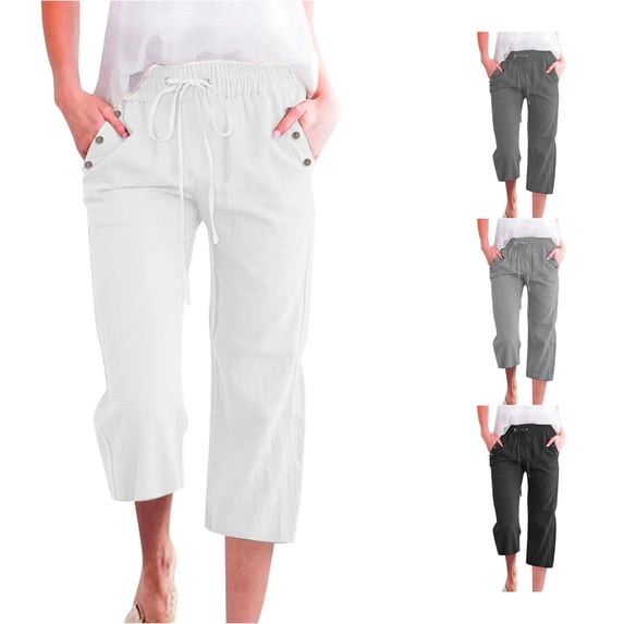 XIAONU Button Accent Capri Pants for Women Solid Pockets Casual Wear Capris