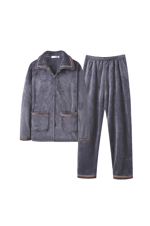 Button-Front Collared Pajama Set for Men Trimmed Nighttime Relaxed-Fit Sleep Separates