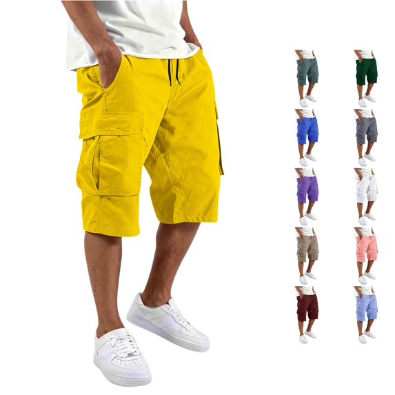 XIAONU Cargo Capri Pants for Men Drawstring Waist Multi Flap Pockets Side Pockets Casual Trousers