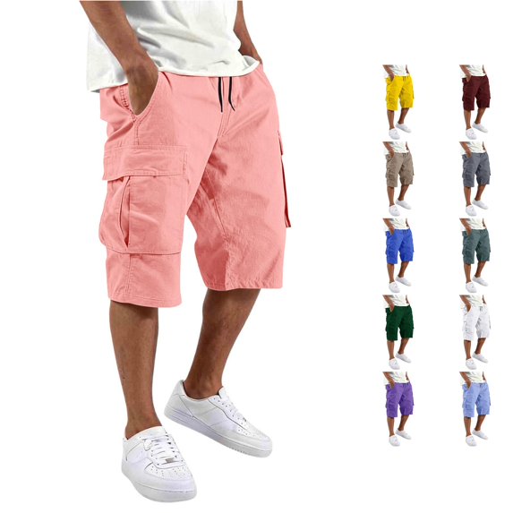 XIAONU Cargo Capri Pants for Men Drawstring Waist Multi Flap Pockets Side Pockets Casual Trousers