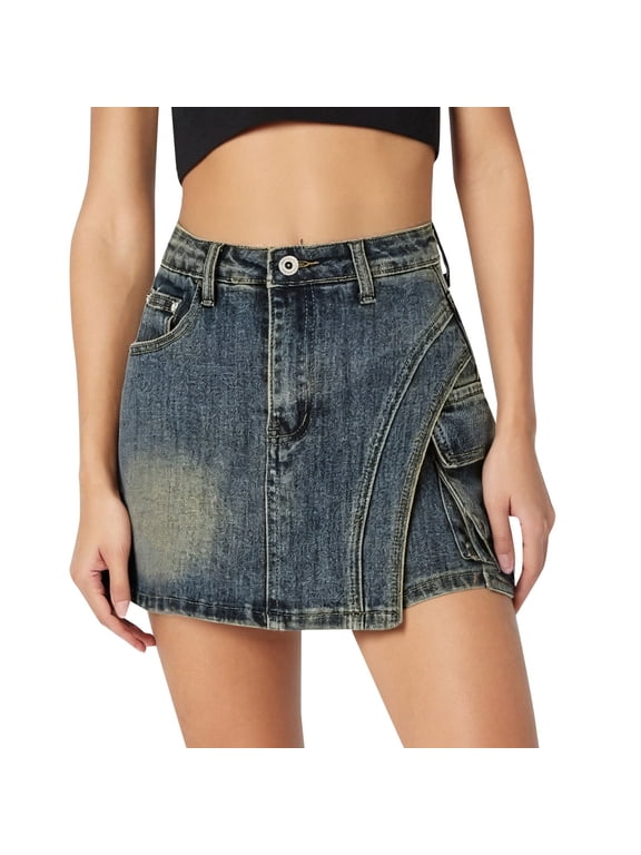 XIAONU Cargo Denim Skort for Women Wrap Front Pocketed High Waist Skort Stylish Retro Casual Everyday Wear Skort
