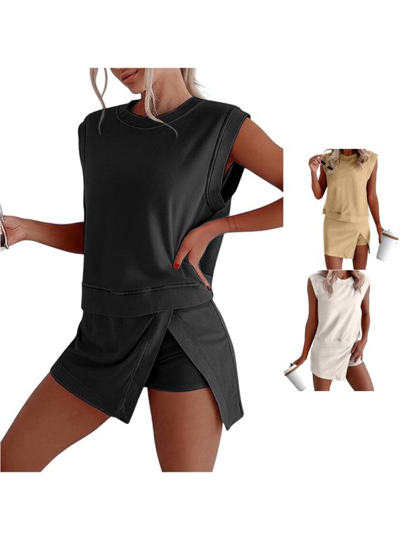 Casual Tank Top Skort Sets for Women Sleeveless Crew Neck Wrap Split Skirt Lined Shorts Summer Daily Outfits