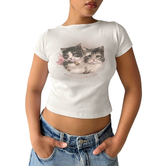 XIAONU Cat Print Cute Cropped Tee for Women Short Sleeve Crew Neck Pullover T Shirt Stretchy Y2k Streetwear T-Shirts