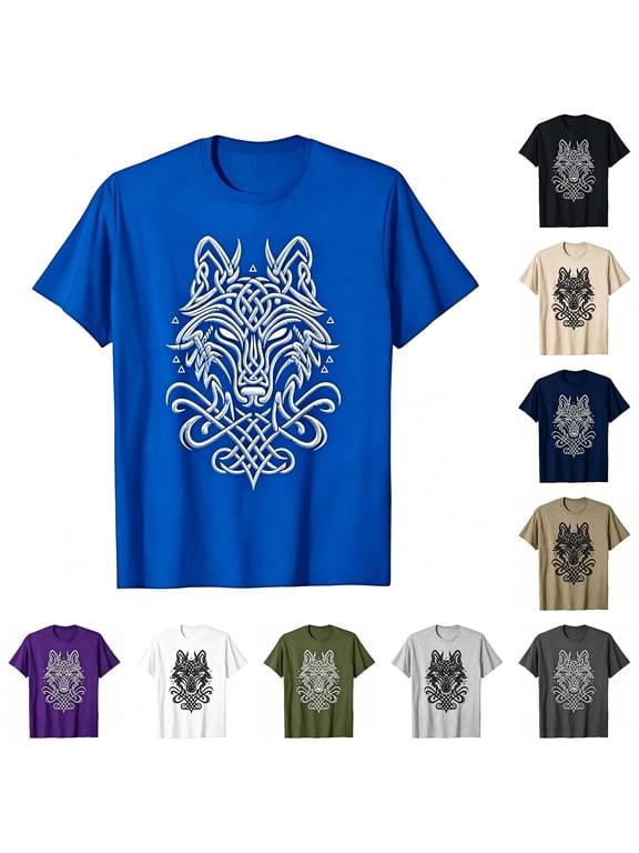Celtic Wolf Print T Shirt for Men Short Sleeve Crew Neck Casual Tops