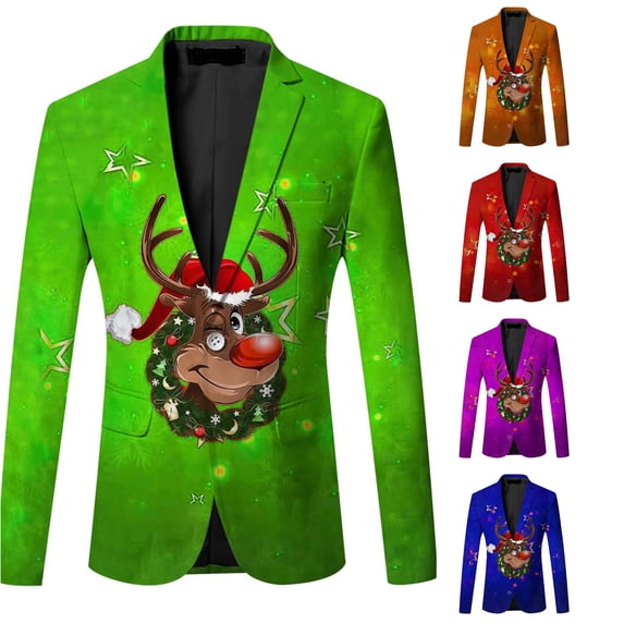 XIAONU Christmas Reindeer Letter Print Blazer For Men Slim Notch Lapel Holiday Party Formal Suit Jacket