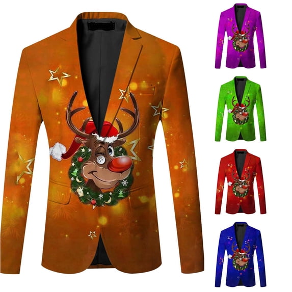 XIAONU Christmas Reindeer Letter Print Blazer For Men Slim Notch Lapel Holiday Party Formal Suit Jacket
