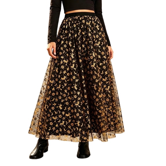 XIAONU Constellation Print Tulle Maxi Skirt For Women Elastic Waist Halloween Casual Skirt