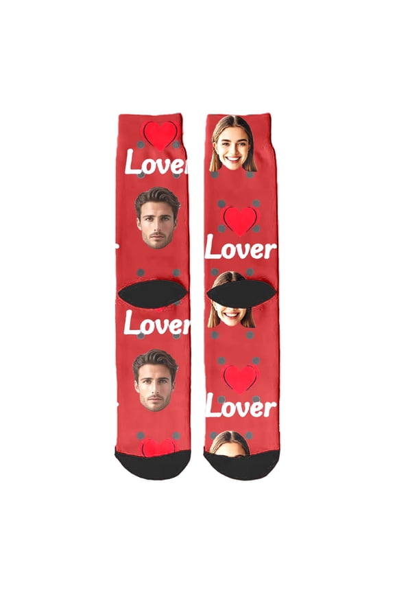 Couple Lover Face Heart Socks Personalized Photo Crew Socks for Women Men Valentine Cotton Blend Novelty Gift