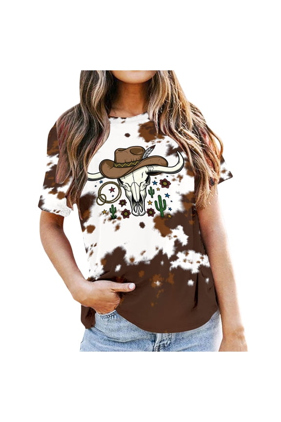 Cow Skull Cactus Western Graphic Tie Dye Tee for Women Short Sleeve Crewneck Pullover Top Soft Boho Country Tees