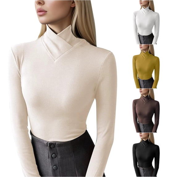 XIAONU Crisscross Mock Neck Long Sleeve Top For Women Slim Hug Fit Soft Knit Office Daily Base Tees