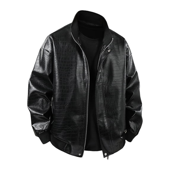 XIAONU Crocodile Grain Stand Collar Leather Jacket For Men Regular Fit Night Club Zip Outer Coat