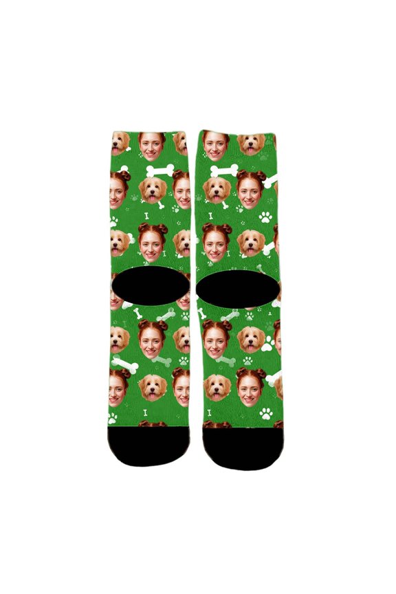 Custom Face Dog Socks Personalized Photo Crew Socks with Paw Bone Pattern for Women Men Pet Lover Novelty Gift Socks