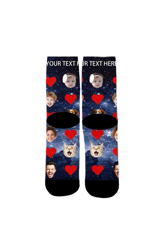 Custom Face Pet Text Socks Personalized Photo Crew Socks with Starry Sky Heart Pattern for Women Men Novelty Gift Socks