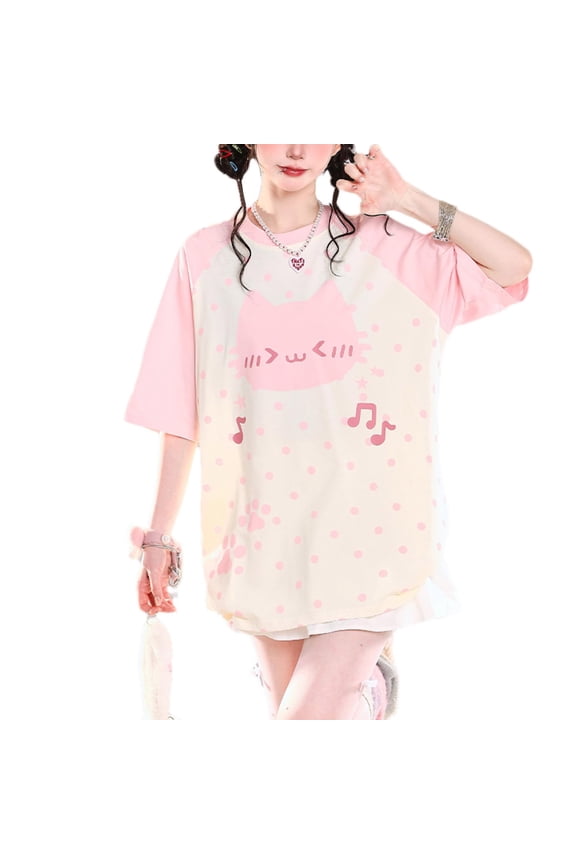 Cute Cat Music Print Raglan T-Shirt for Women Casual Everyday Short-Sleeve Basic Top