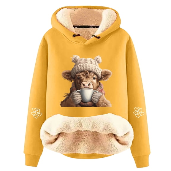 XIAONU Cute Cow Print Lined Hoodie Women's Casual Fashion Long Sleeve Pullover Sweatshirt for Winter Warmth and Comfort