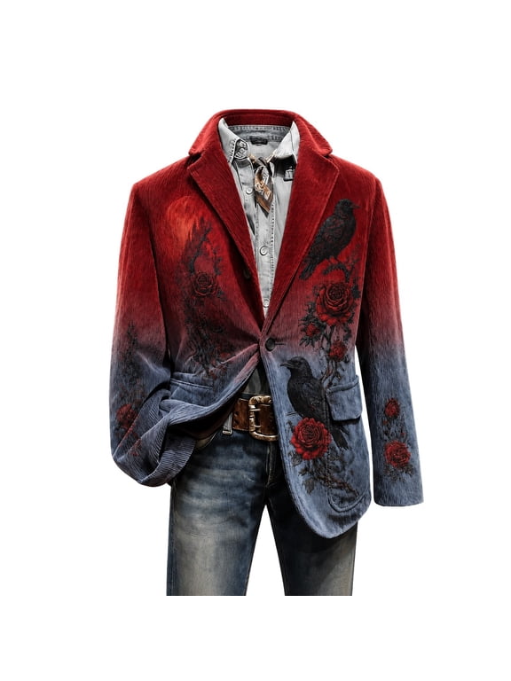 Embroidered Gothic Coat for Men Raven Rose Notched Lapel Corduroy Halloween Jacket