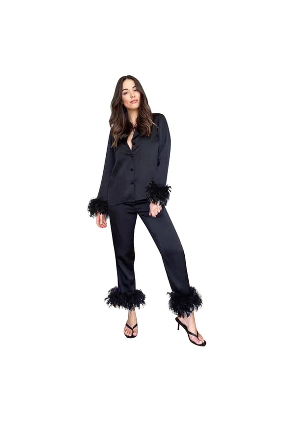 Feather-Trimmed Two-Piece Pajama Set for Women Button-Down Long-Sleeve Nighttime Sleepwear
