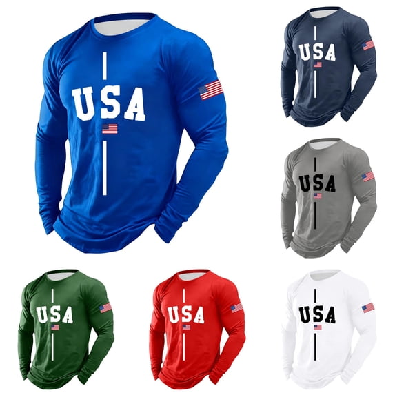 XIAONU Flag Letter Print Long Sleeve T-Shirt for Men Crew Neck Sports Casual Tees Tops