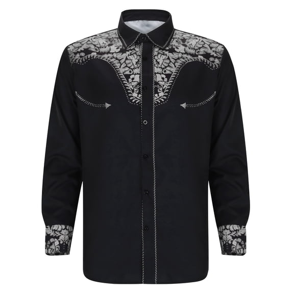 XIAONU Floral Embroidered Western Shirt for Men Long Sleeve Point Collar Cowboy Button Up Shirt Lightweight Vintage Rodeo Shirts