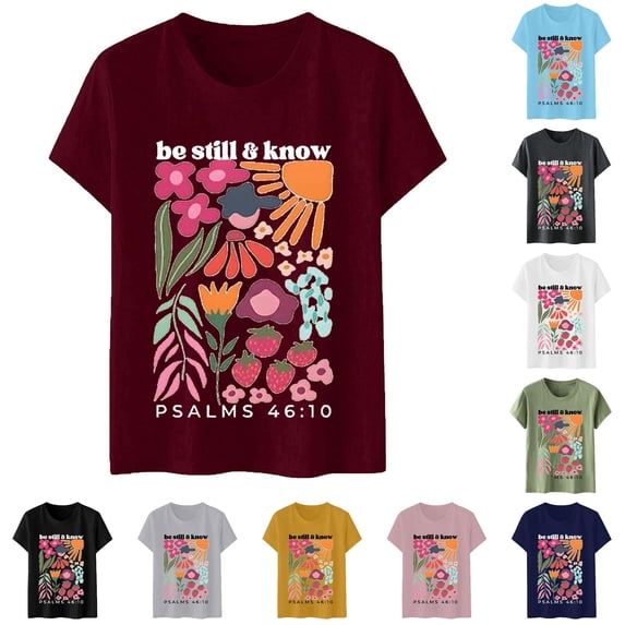 XIAONU Floral Letter Print T Shirt for Women Crew Neck Short Sleeve Casual Daily Tees