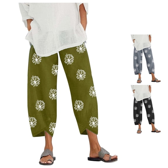 XIAONU Floral Print Capri Pants Womens Elastic Waist Side Pockets Capris