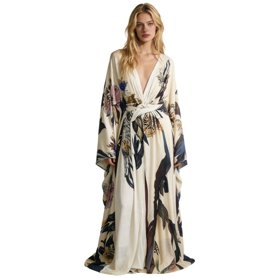 XIAONU Floral-Print Kimono-Style Maxi Robe for Women Wide-Sleeve Elegant Wrap-Front Bedtime Nightwear