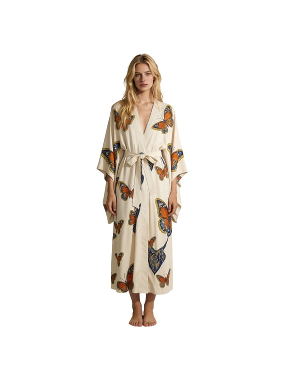 Floral-Print Kimono-Style Maxi Robe for Women Wide-Sleeve Elegant Wrap-Front Bedtime Nightwear