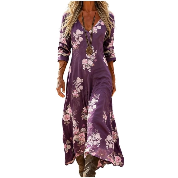 XIAONU Floral-Print Maxi Dress for Women V-Neck Fall Casual Flowy Gown