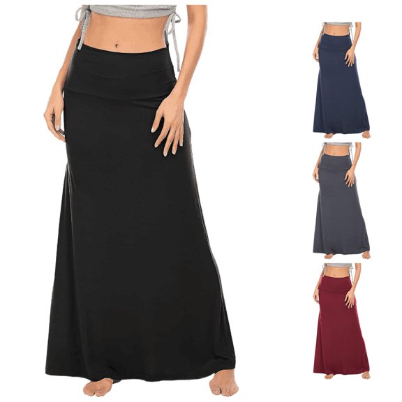 XIAONU Fold-Over Waist Maxi Skirt for Women Solid Spring-Fall Daily Long Bottoms