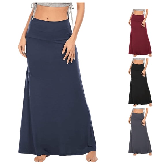 XIAONU Fold-Over Waist Maxi Skirt for Women Solid Spring-Fall Daily Long Bottoms