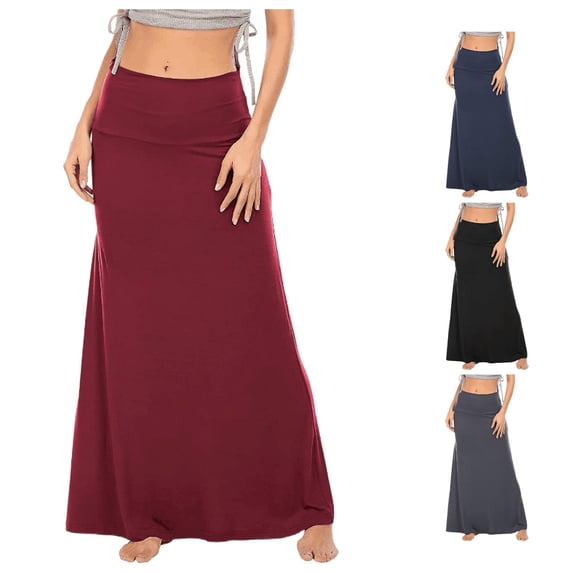 XIAONU Fold-Over Waist Maxi Skirt for Women Solid Spring-Fall Daily Long Bottoms