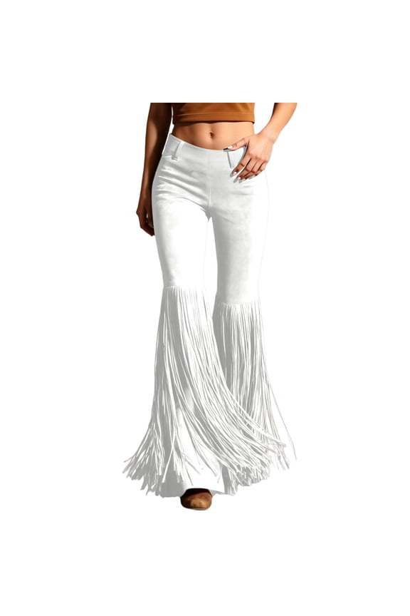 Fringe Flare Pants For Women High Waist Suede Texture Full Length Bell Bottom Trousers Stylish Retro Party Performance Wear Bottoms