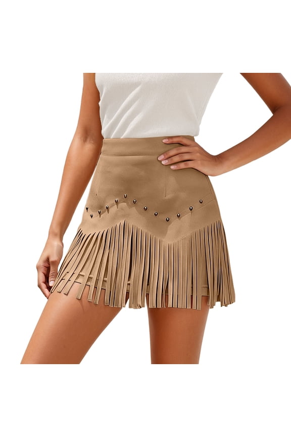 XIAONU Fringe Studded Skirt for Women Suede High Waist Flared Skirt Western Cowgirl Festival Party Skirt