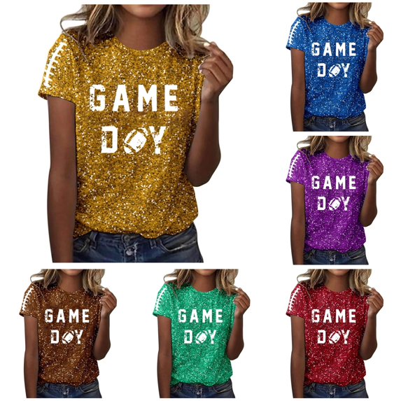 XIAONU Game Day Football Letter Print T Shirt for Women Crew Neck Short Sleeve Sports Casual Tee