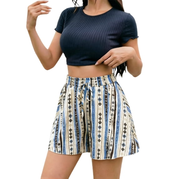 XIAONU Geometric Stripe Skort for Women Elastic High Waist Side Pockets Casual Bottoms