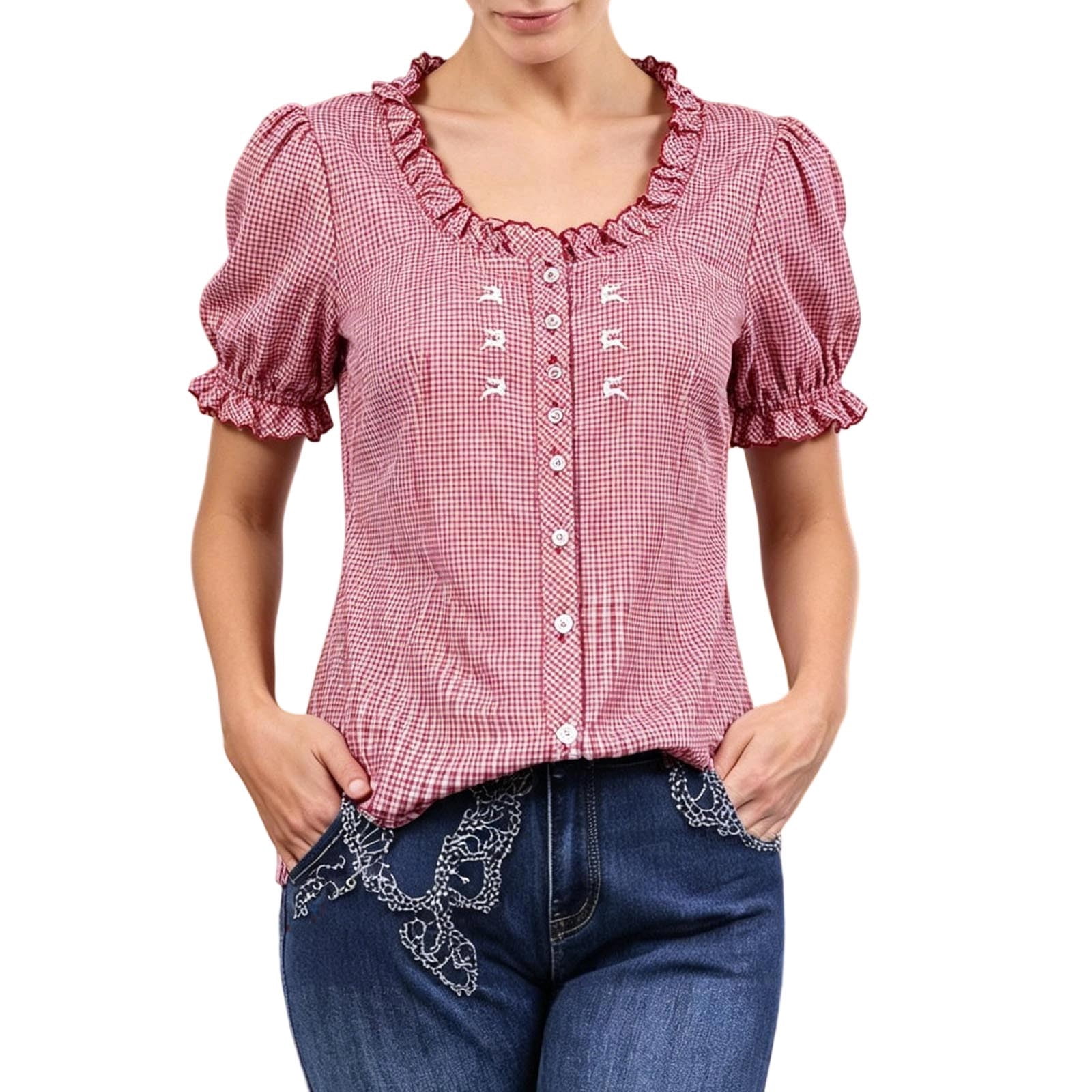 XIAONU Gingham Ruffle Collar Deer Embroidery Puff Short Sleeve Blouse ...