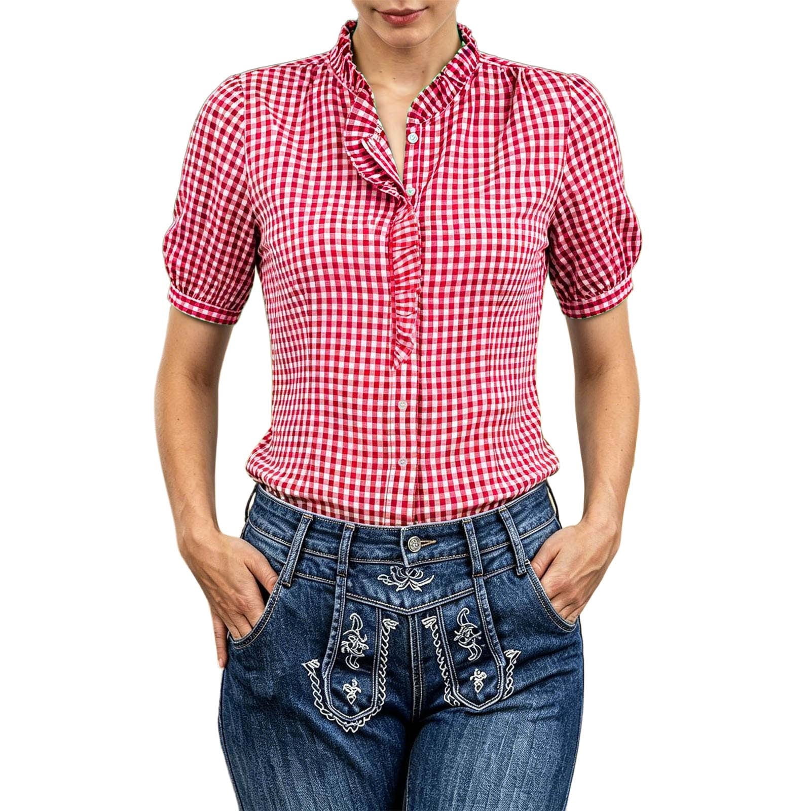 XIAONU Gingham Ruffle Collar Short Puff Sleeve Button Down Shirt for ...