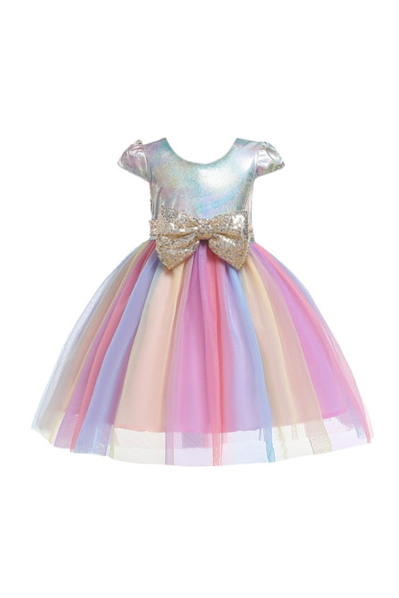 Girls' Rainbow Princess Dress Short Sleeve Sequin Bow Fluffy Mesh Tutu Dress Birthday Party Sweet Dress