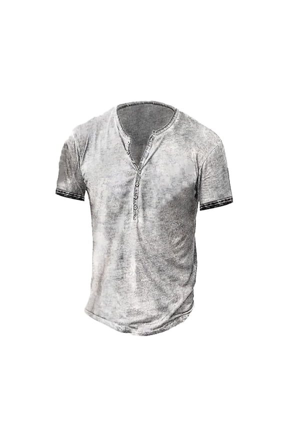 Guys’ Washed Henley T-Shirt Short Sleeve Button Placket Daily Casual Slim Fit Tees
