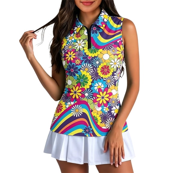 XIAONU Half-Zip Front Sleeveless Polo for women Slim Cut Sport Golf Turn Down Collar Jersey