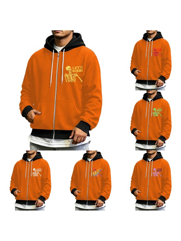 Halloween Full-Zip Hoodies for Men Lets Bone Skeleton Letter Graphic Hooded Sweatshirt Funny Kangaroo Pocket Zip Up Hoodie
